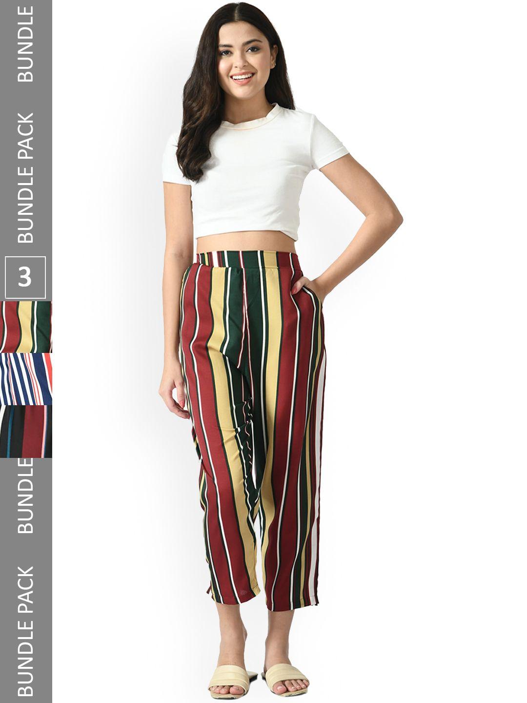 indiweaves women multicoloured striped relaxed straight leg straight fit high-rise trousers