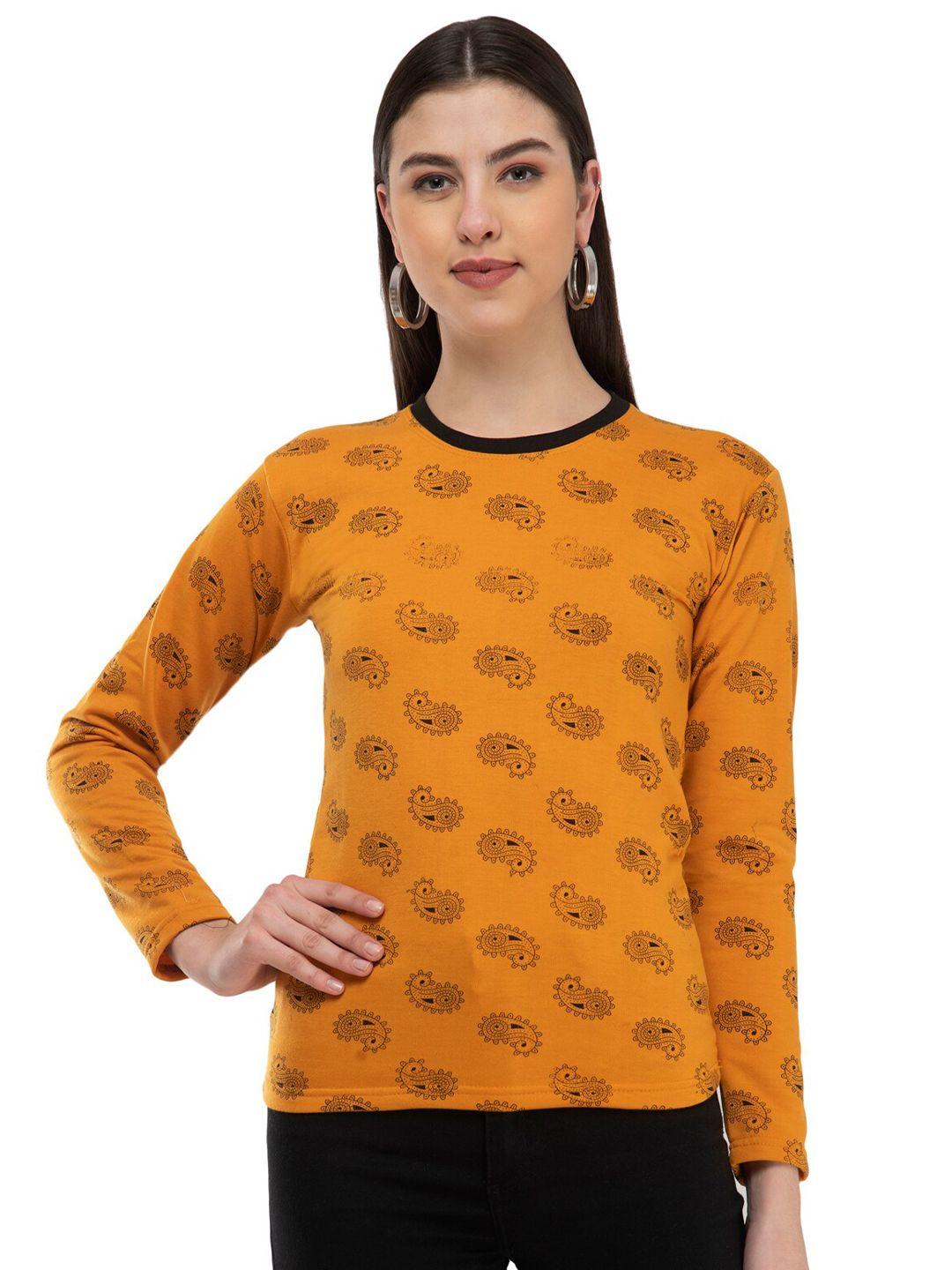 indiweaves women mustard yellow printed tropical woollen t-shirt