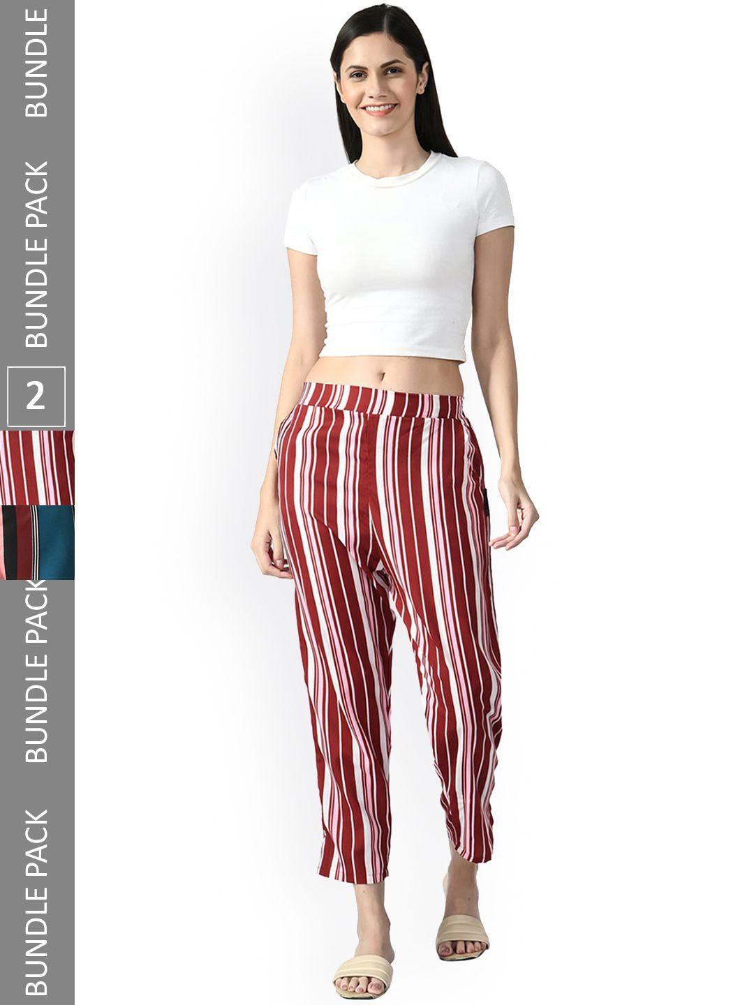 indiweaves women pack of 2 relaxed straight leg striped straight fit high-rise trousers