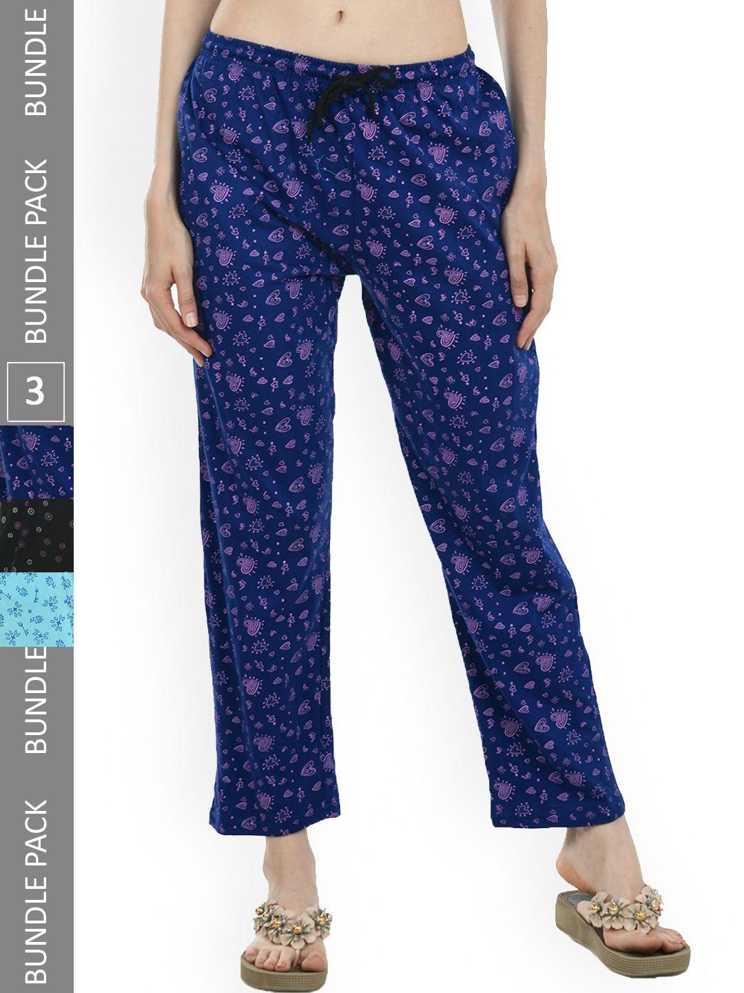 indiweaves women pack of 3 printed pure cotton lounge pants