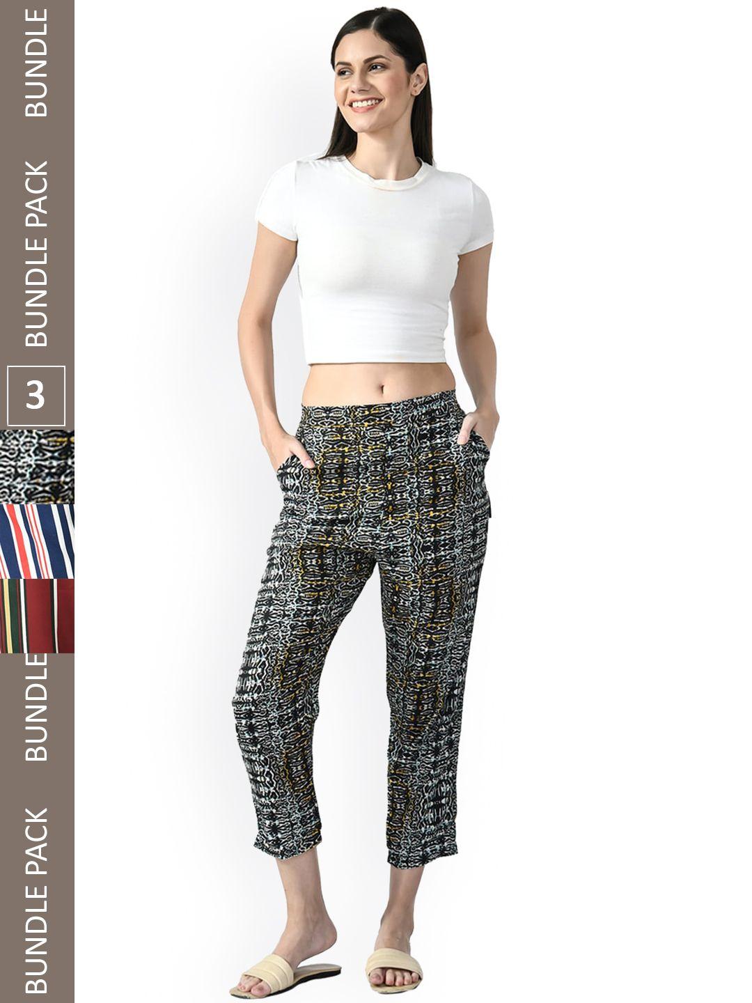 indiweaves women pack of 3 relaxed straight leg printed straight fit high-rise trousers