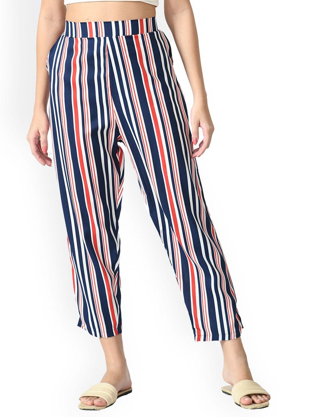 indiweaves women red striped relaxed straight leg straight fit high-rise trousers