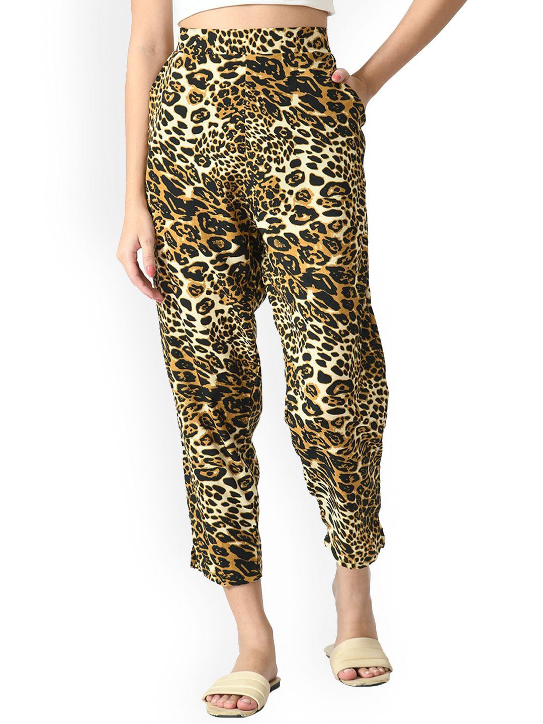 indiweaves women relaxed straight leg animal printed straight fit high-rise trousers