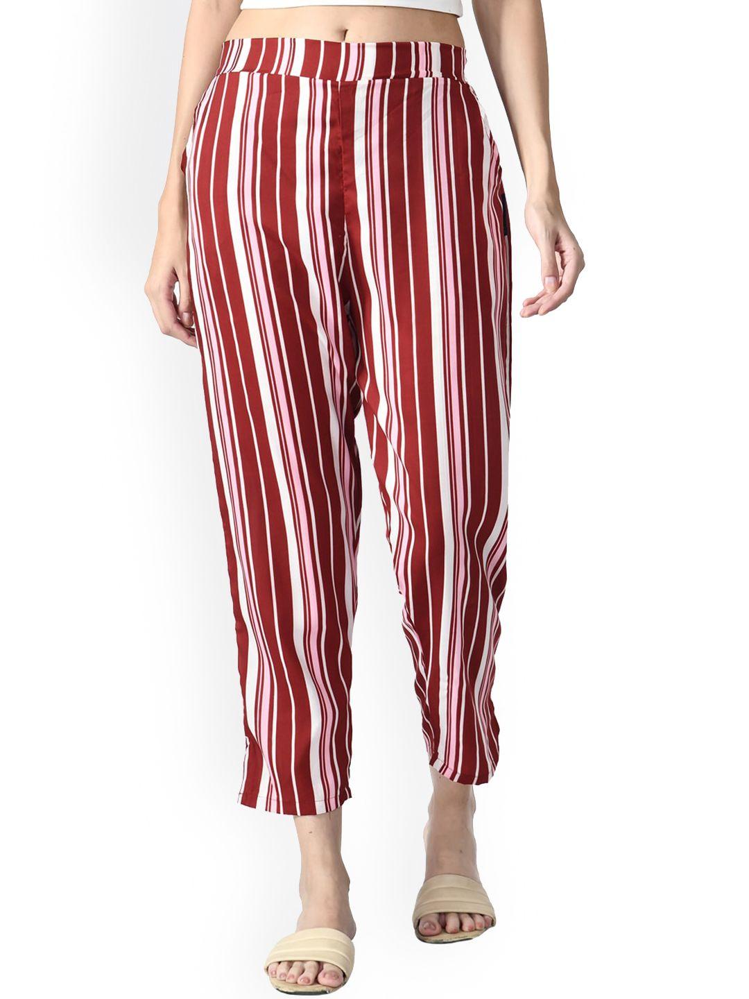 indiweaves women relaxed straight leg high-rise striped straight fit trousers