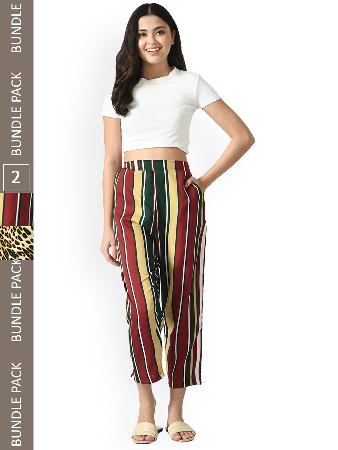 indiweaves women relaxed straight leg pack of 2 high-rise striped straight fit trousers