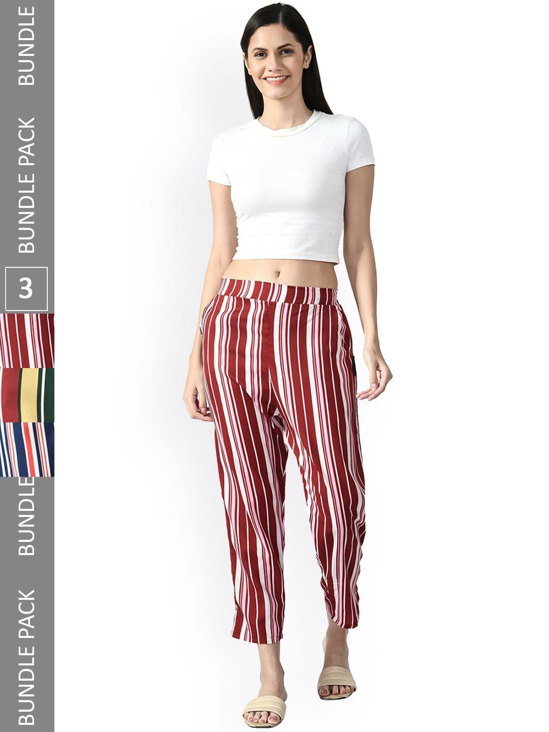 indiweaves women relaxed straight leg pack of 3 high-rise striped straight fit trousers