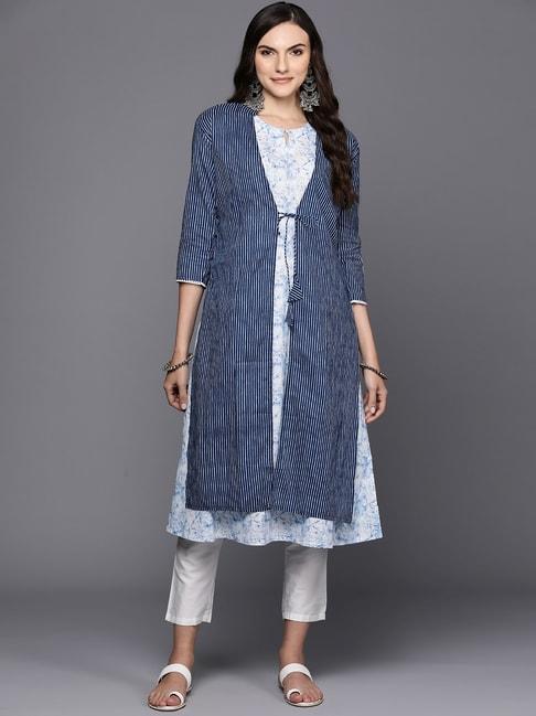 indo era blue cotton printed a line kurta with jacket