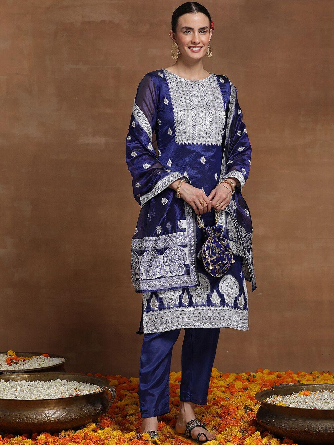indo era blue ethnic motif embroidered straight kurta & trousers with dupatta