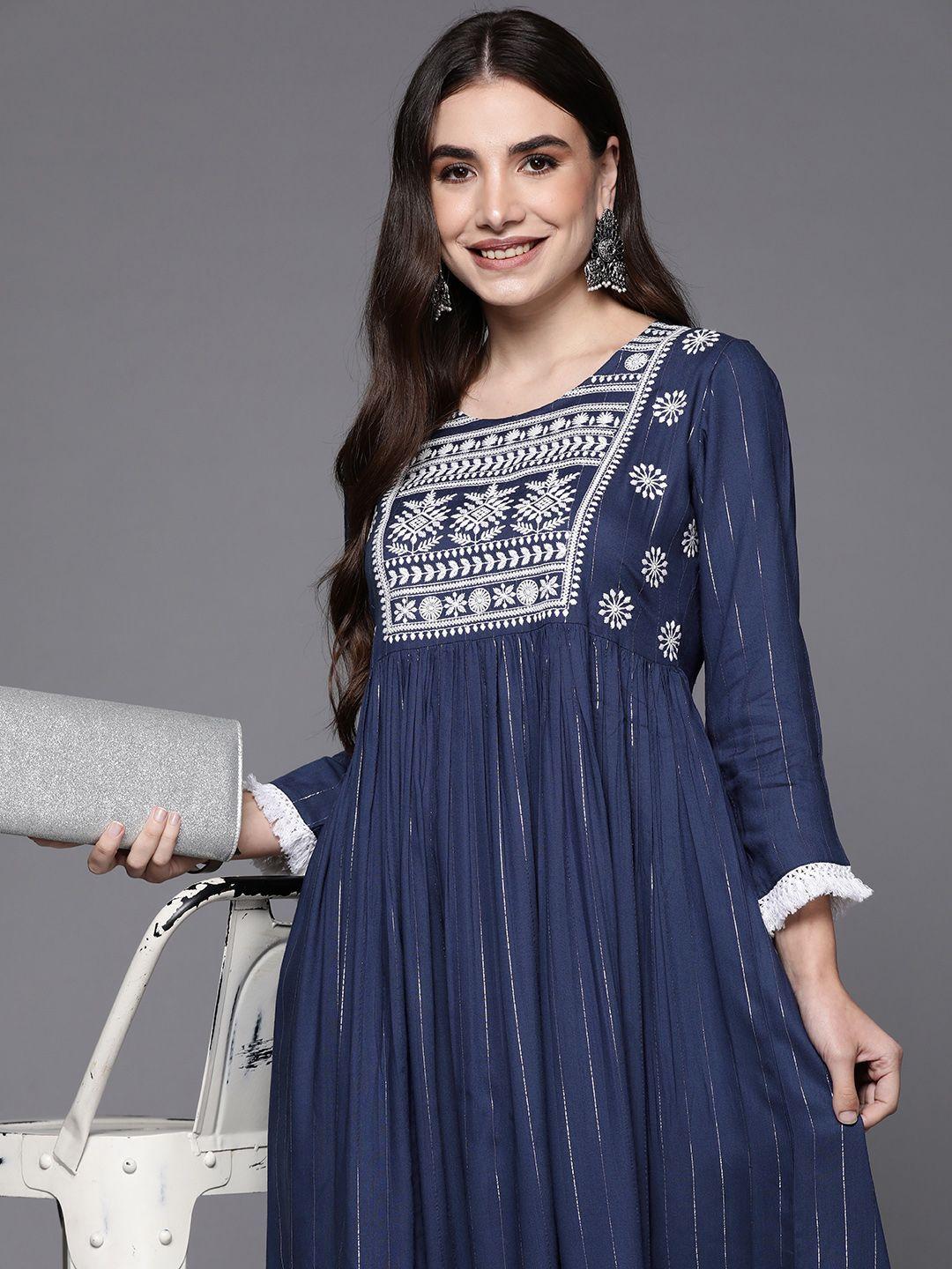 indo era blue ethnic motifs embroidered ethnic a-line midi dress
