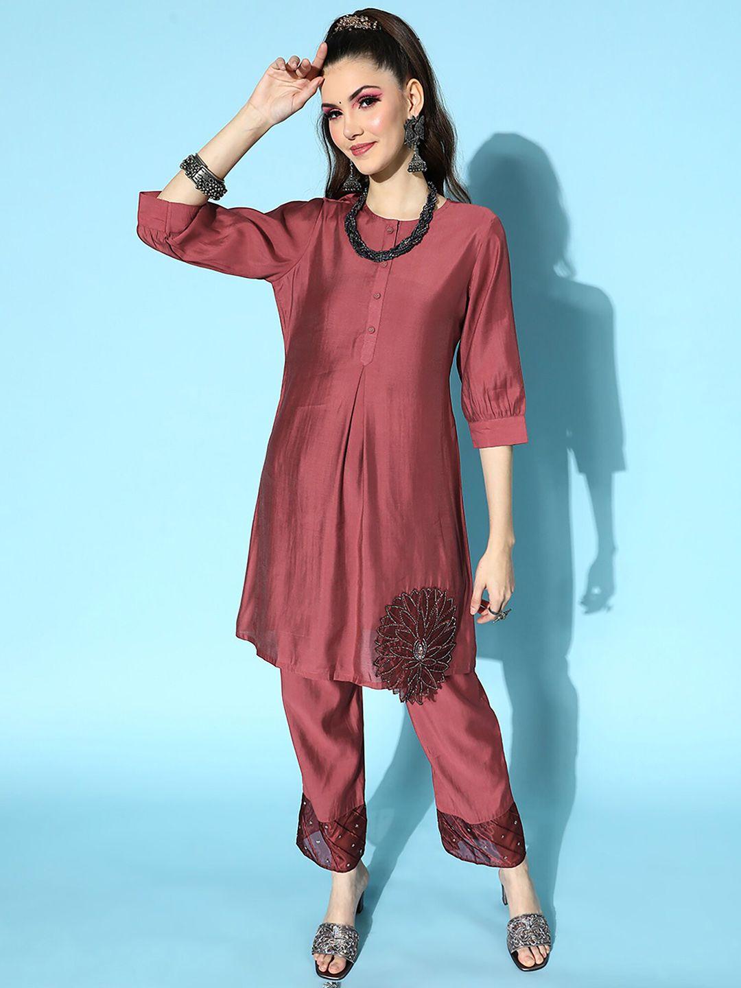 indo era embroidered regular sequinned chanderi cotton kurta with trousers
