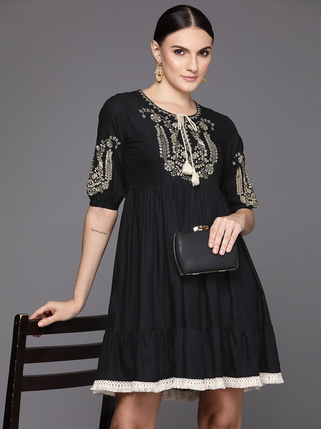 indo era embroidered tie-up neck puff sleeve a-line dress