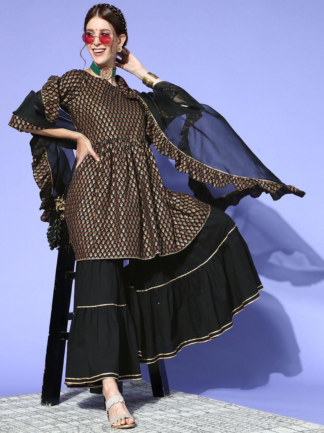 indo era ethnic motifs liva feminine frills kurta set