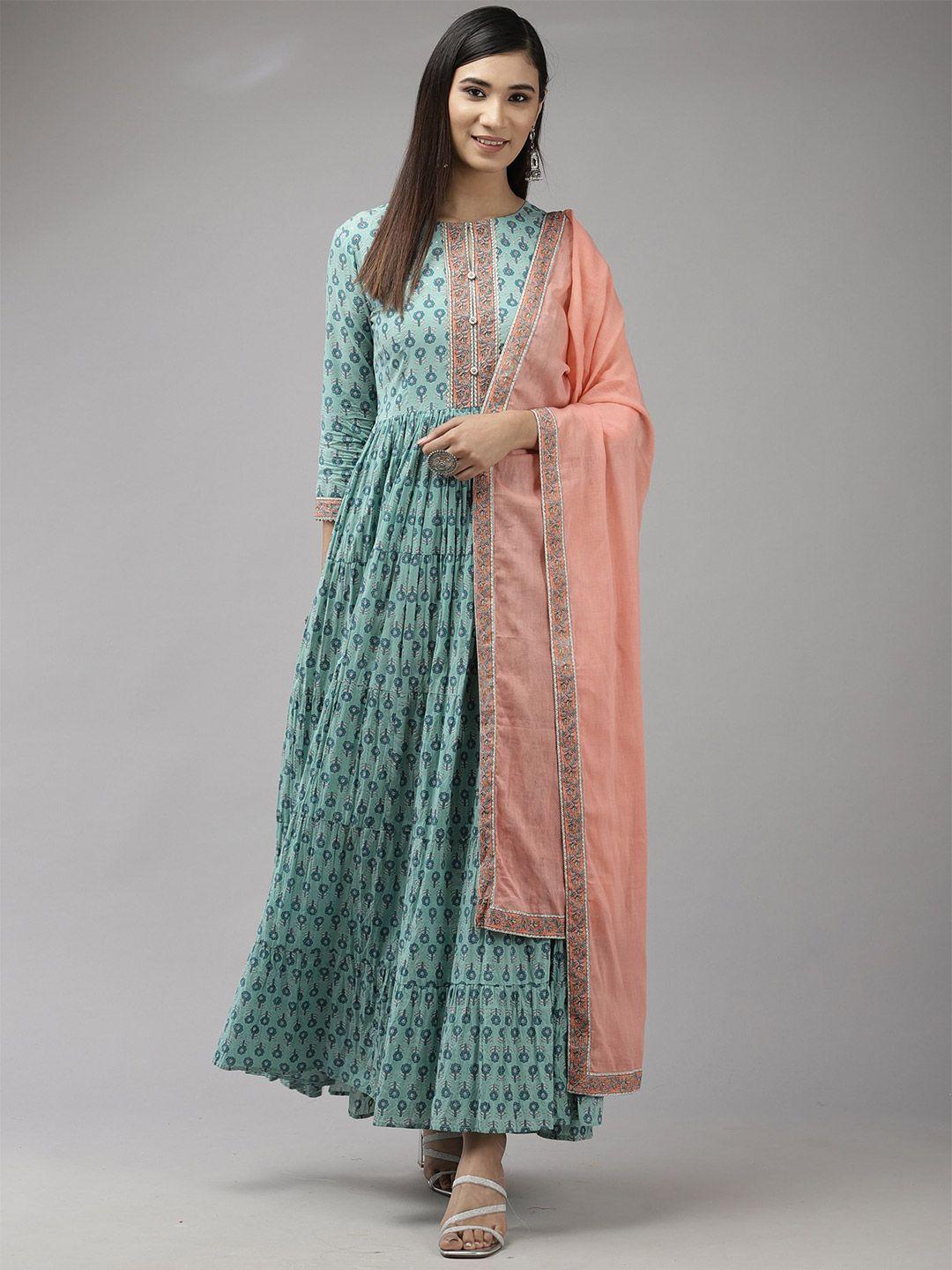 indo era ethnic motifs print ethnic cotton maxi dress with dupatta