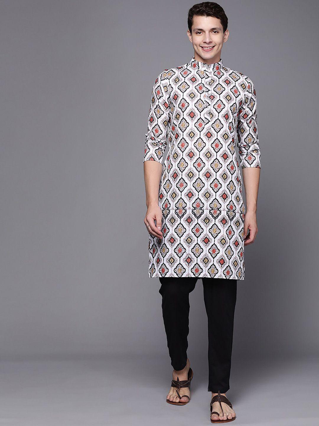 indo era ethnic motifs printed thread work cotton mandarin collar straight  kurta