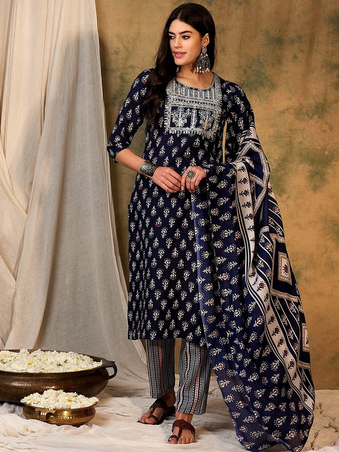 indo era ethnic motifs printed thread work kurta with trousers & dupatta
