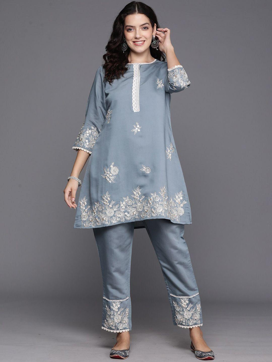 indo era floral embroidered a-line regular thread work kurta with trousers