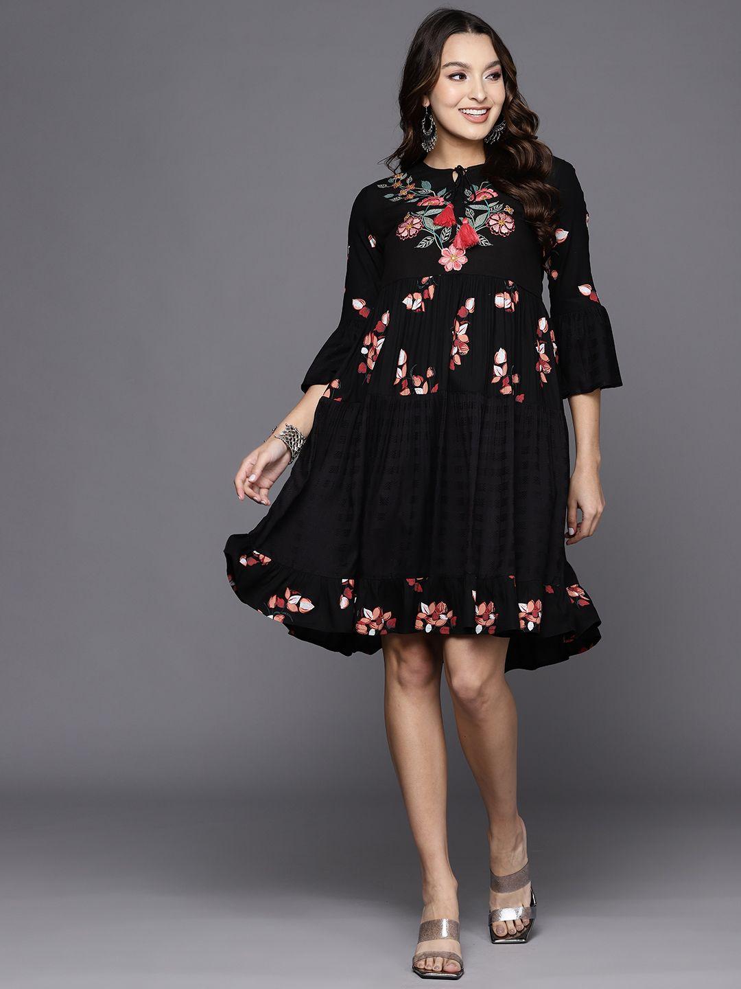 indo era floral embroidered bell sleeves tie-up neck a-line ethnic dress