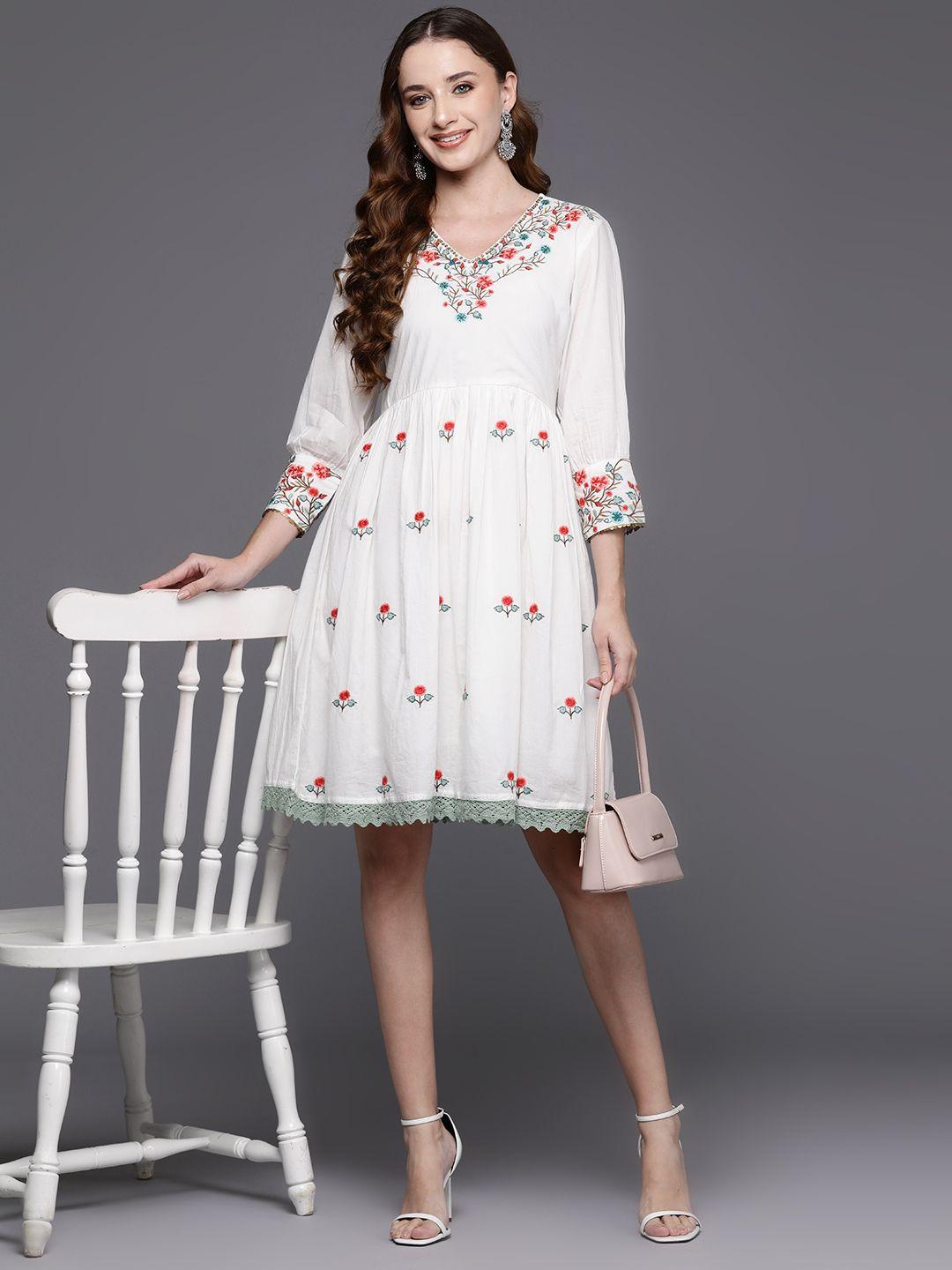 indo era floral embroidered fit & flare midi dress