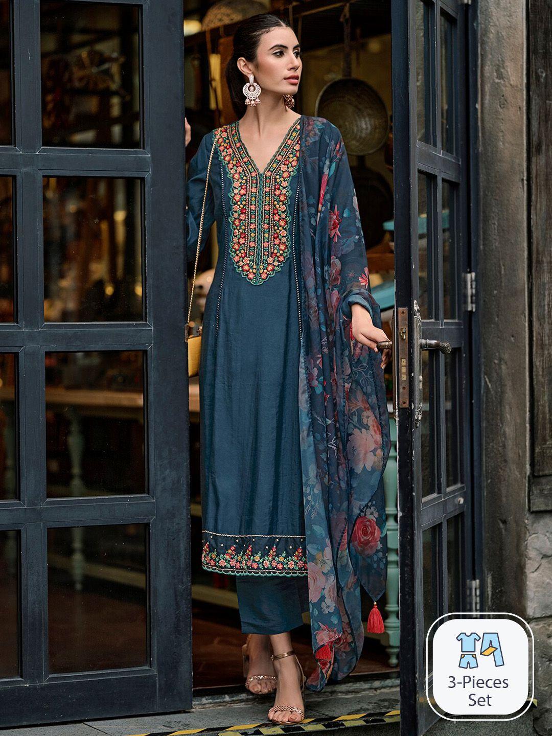 indo era floral embroidered panelled thread work a-line kurta with trousers & dupatta