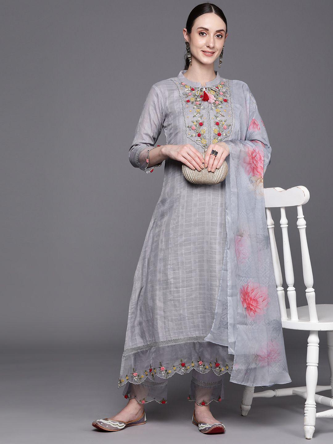 indo era floral embroidered regular thread work pure cotton kurta with trousers & dupatta