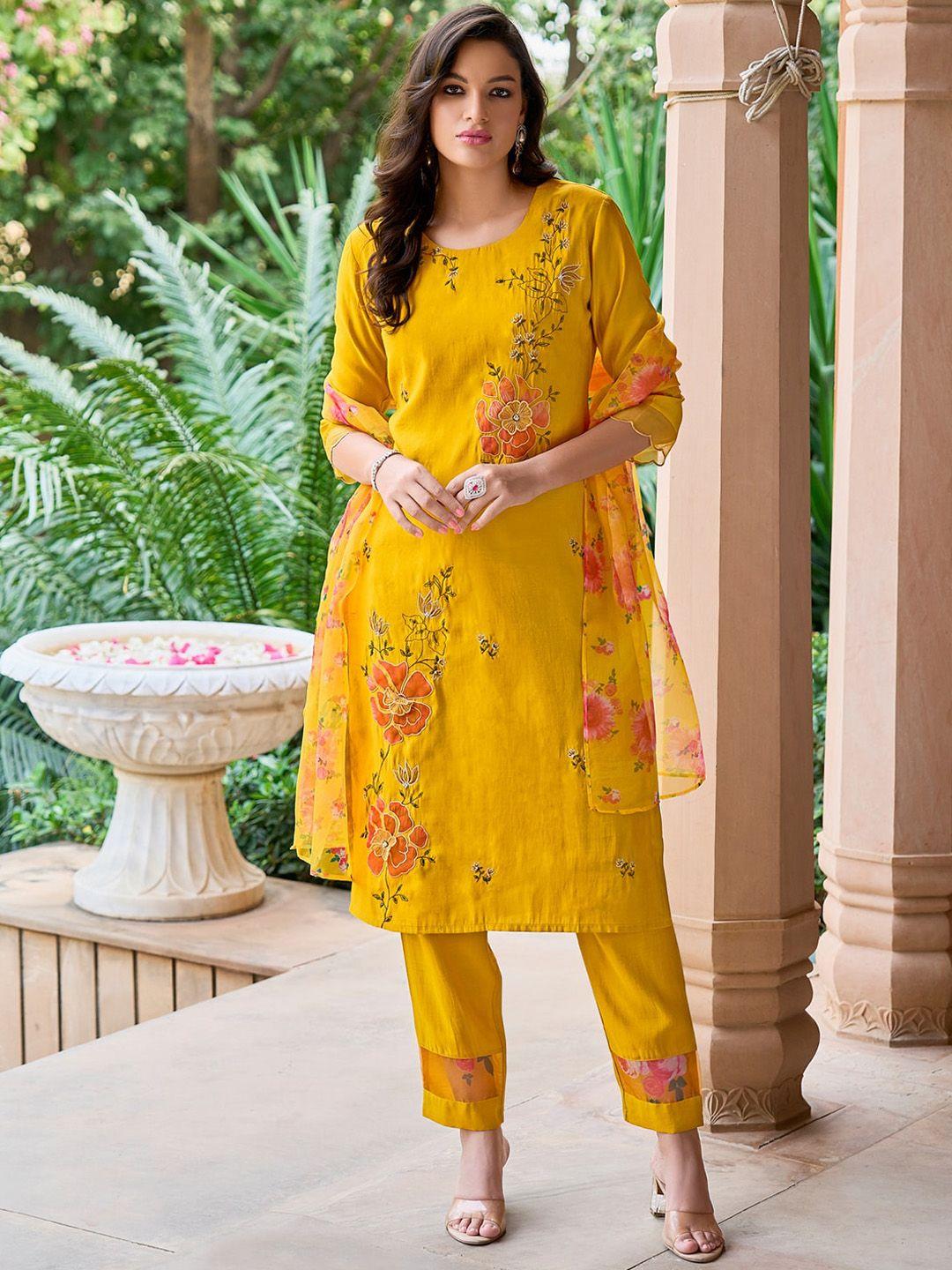 indo era floral embroidered sequinned straight kurta with trousers & dupatta
