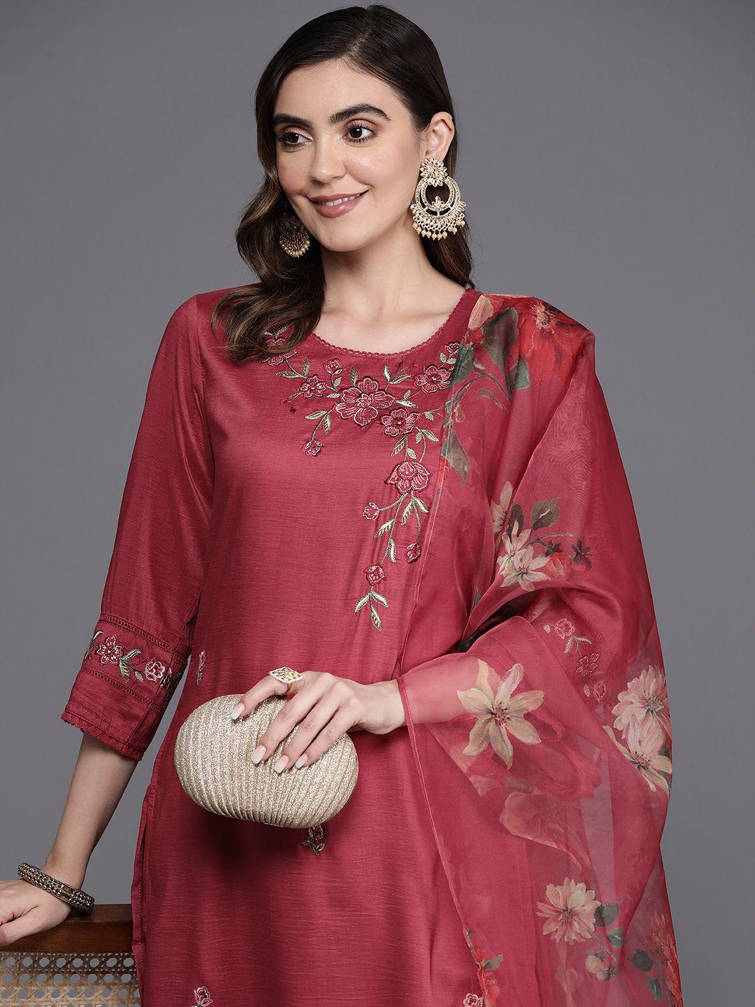 indo era floral embroidered thread work kurta with trousers & dupatta