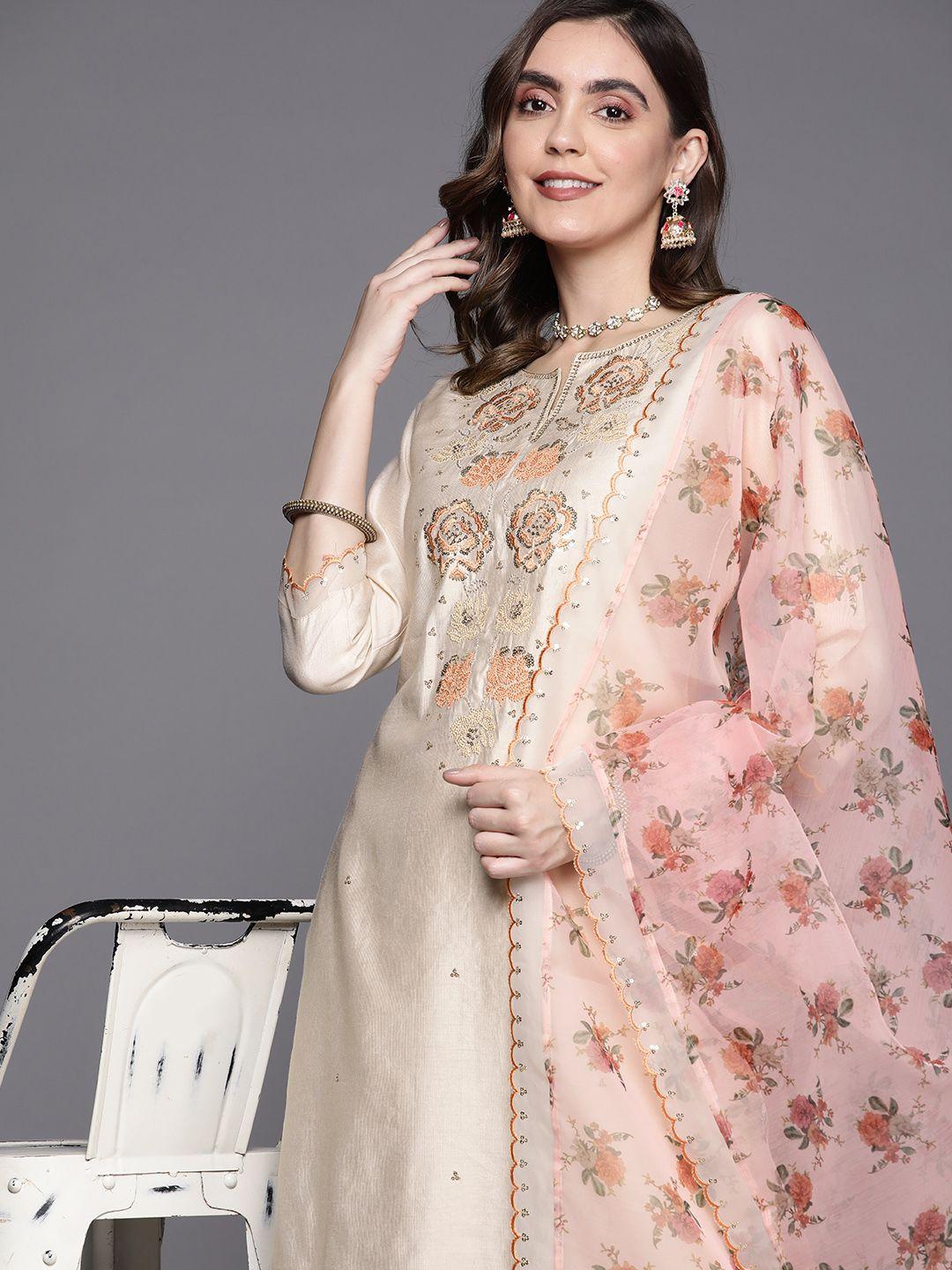indo era floral embroidered thread work liva kurta with trousers & with dupatta