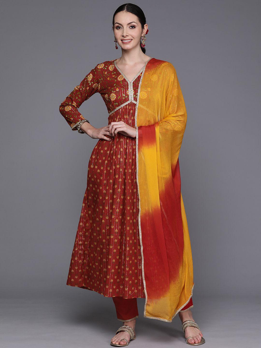 indo era floral printed empire pure cotton zari kurta with trousers & dupatta
