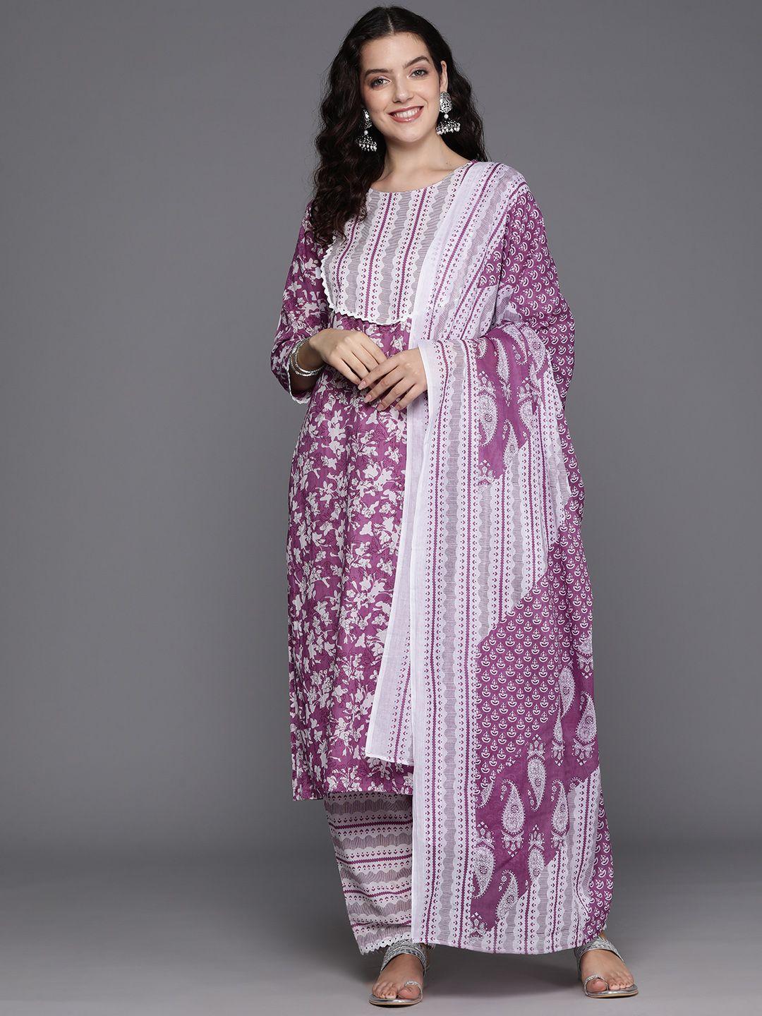 indo era floral printed regular pure cotton kurta with trousers & dupatta