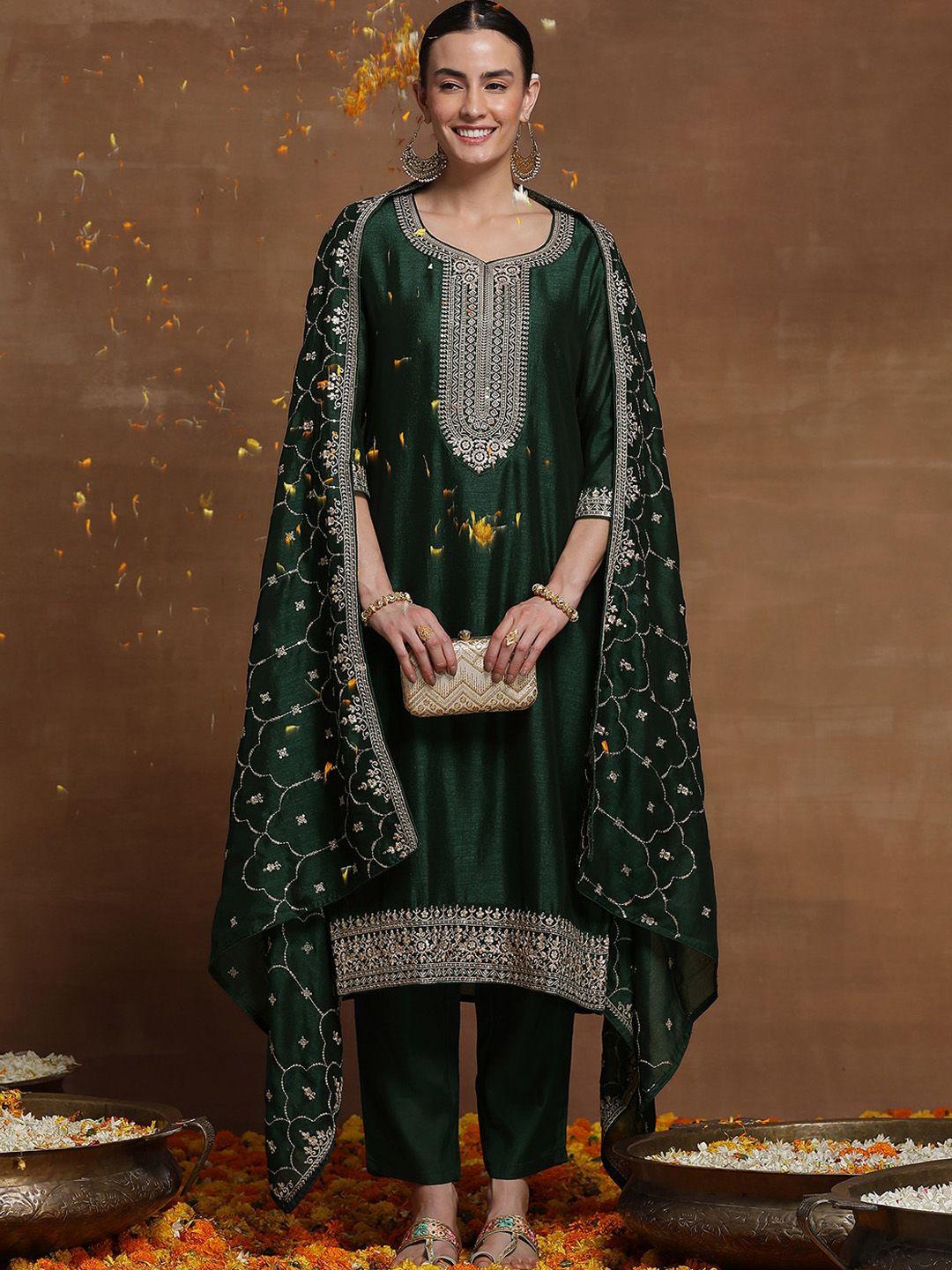 indo era green ethnic motif embroidered straight kurta & trousers with dupatta