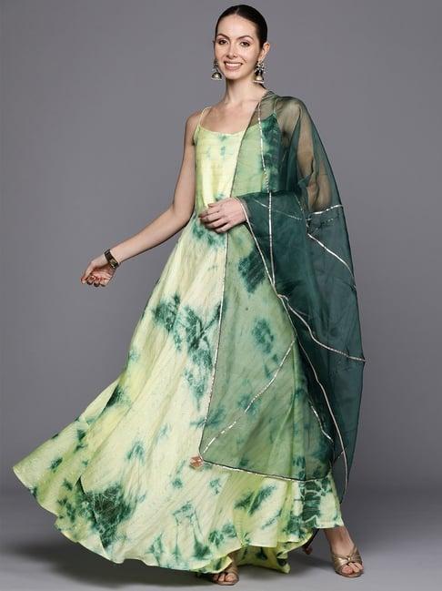 indo era green printed dress with dupatta