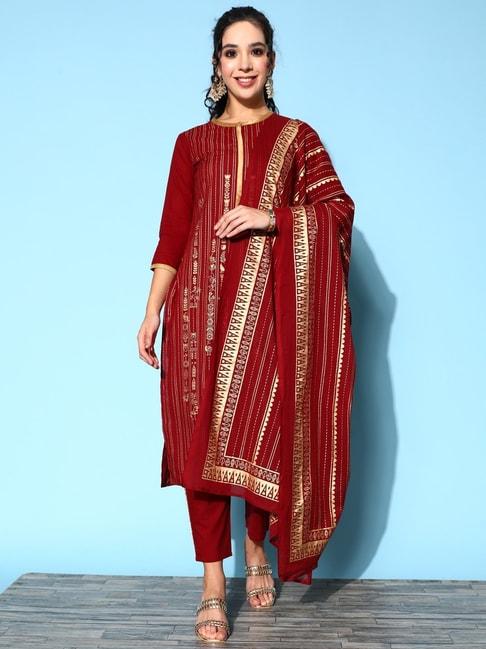 indo era maroon cotton printed kurta pant set with dupatta