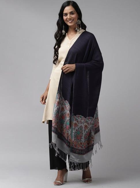 indo era navy & grey woven pattern shawl