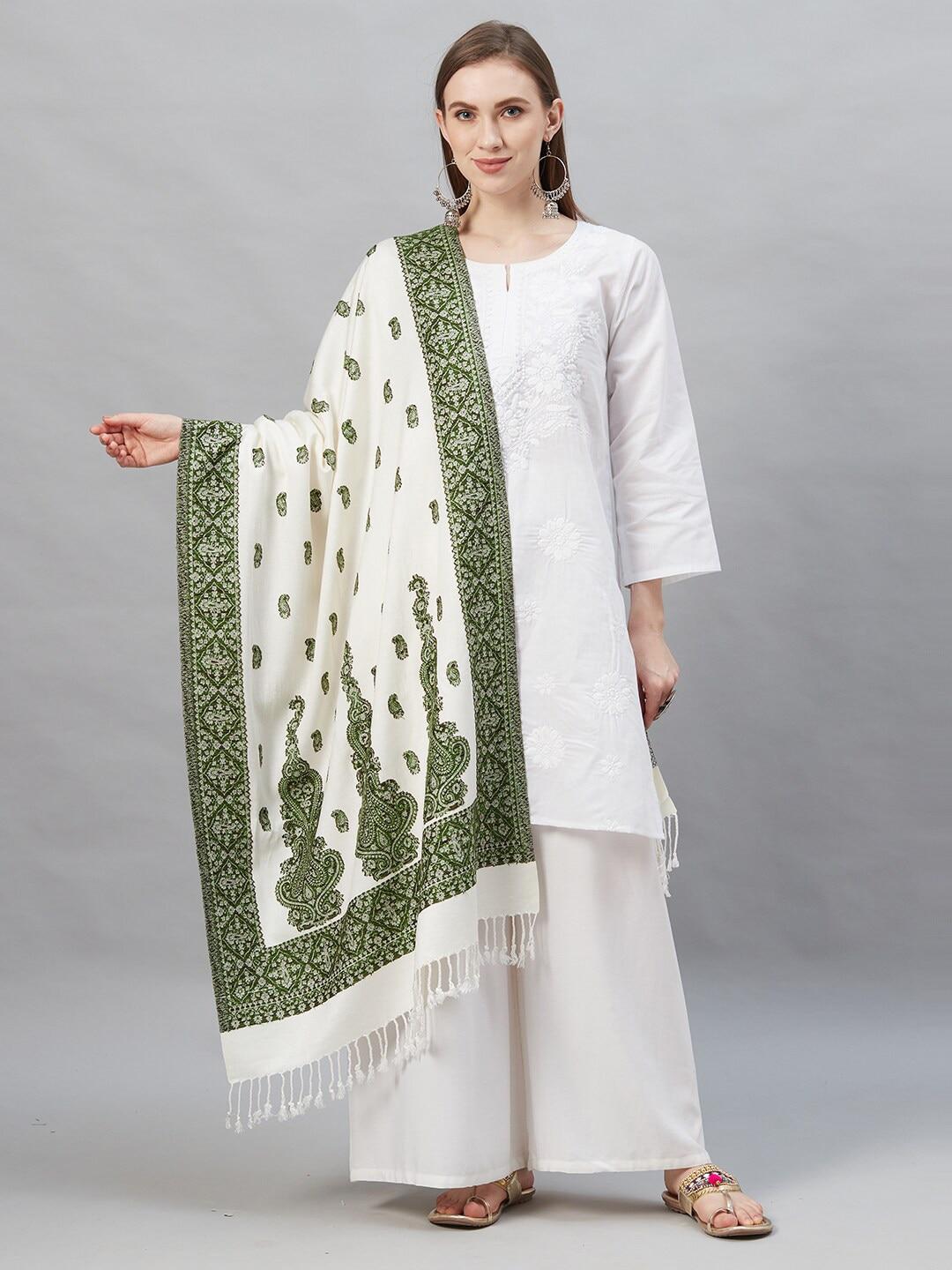 indo era off white & green paisley woven design cotton silk dupatta