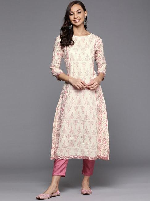 indo era off-white & pink pure cotton printed kurta pant set