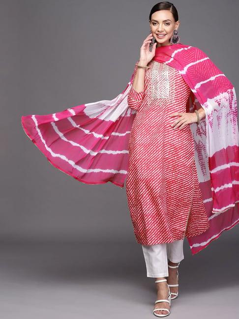 indo era pink & white embroidered kurta pant set with dupatta