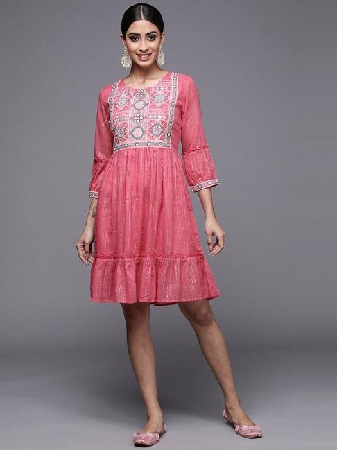 indo era pink cotton embroidered a-line dress