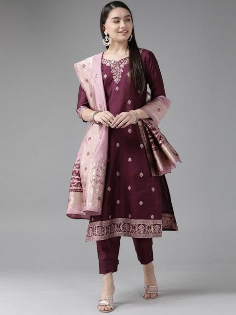 indo era purple woven pattern kurta pant set with dupatta