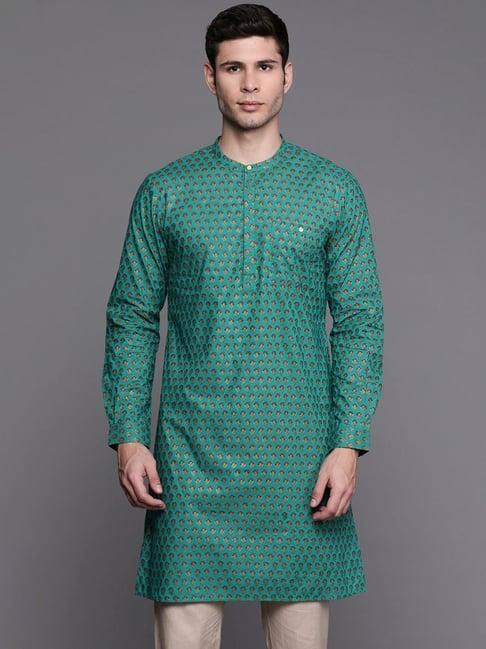 indo era sea green cotton regular fit embellished kurta