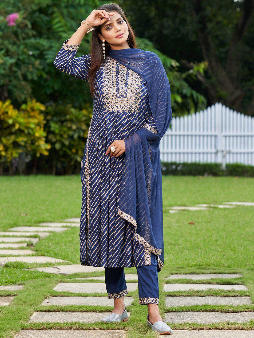 indo era striped regular sequinned kurta with trousers & with dupatta