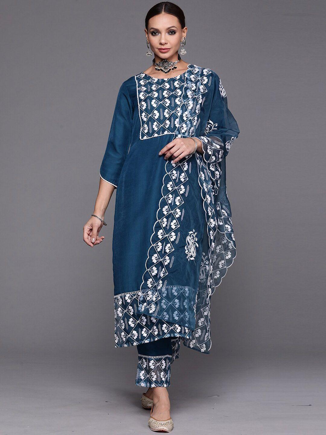 indo era teal blue & white floral embroidered kurta with trousers & dupatta