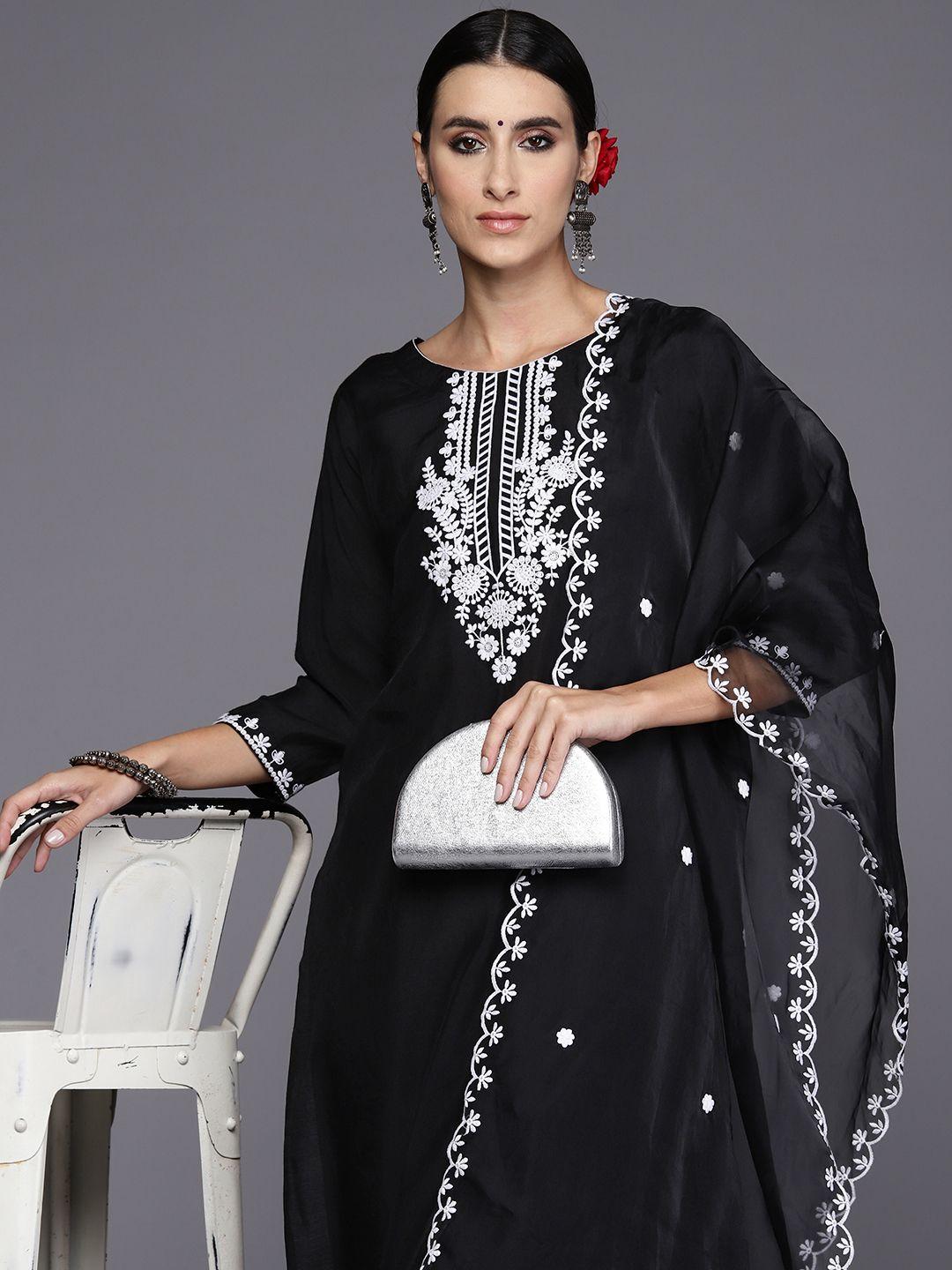 indo era women black floral embroidered regular thread work kurta with trousers & with dupatta