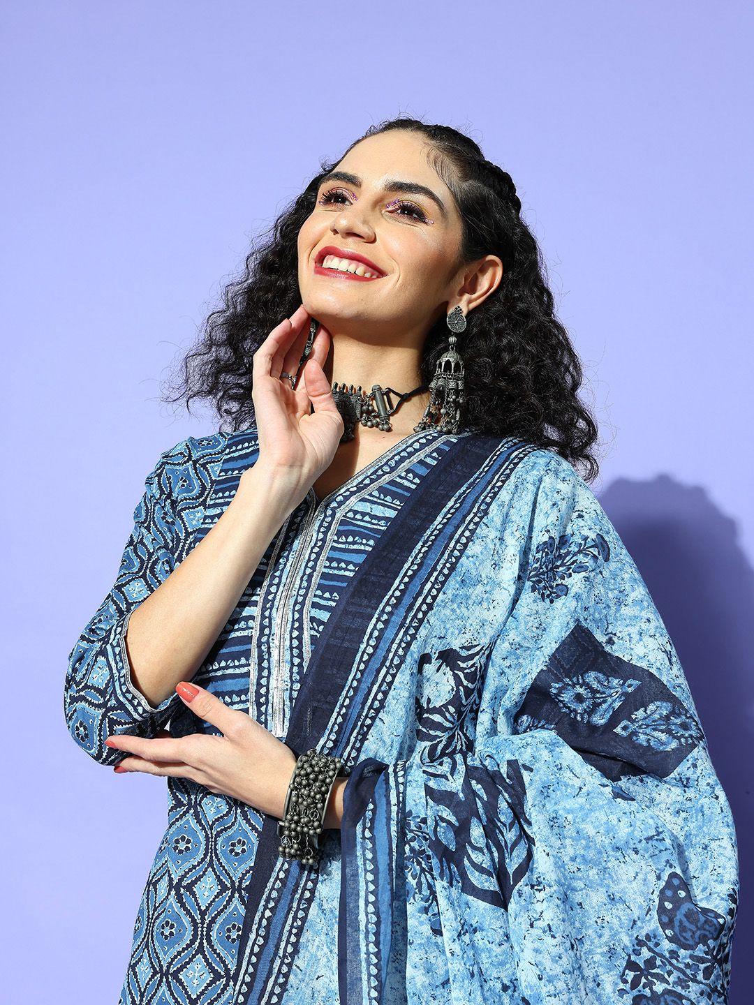 indo era women blue cotton blend pakistani suit kurta set