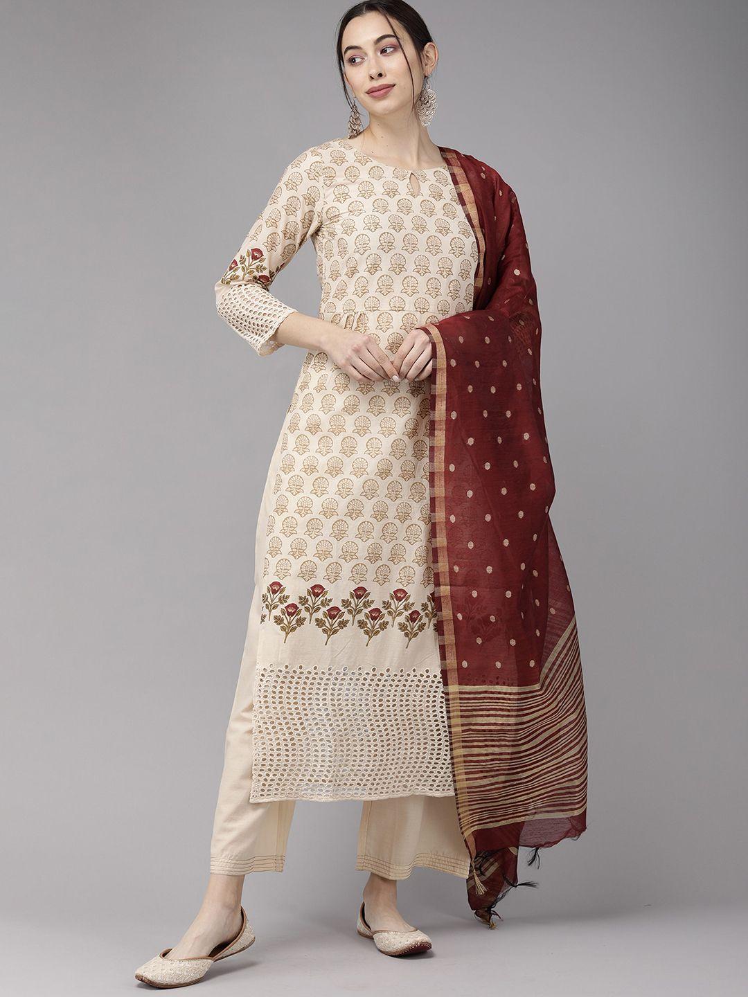 indo era women cream-coloured ethnic motifs printed pure cotton kurti with palazzos & with dupatta