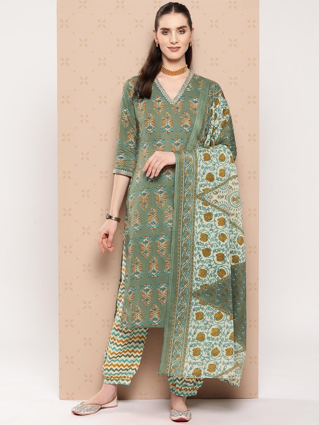 indo era women ethnic motifs printed regular pure cotton kurta with salwar & with dupatta
