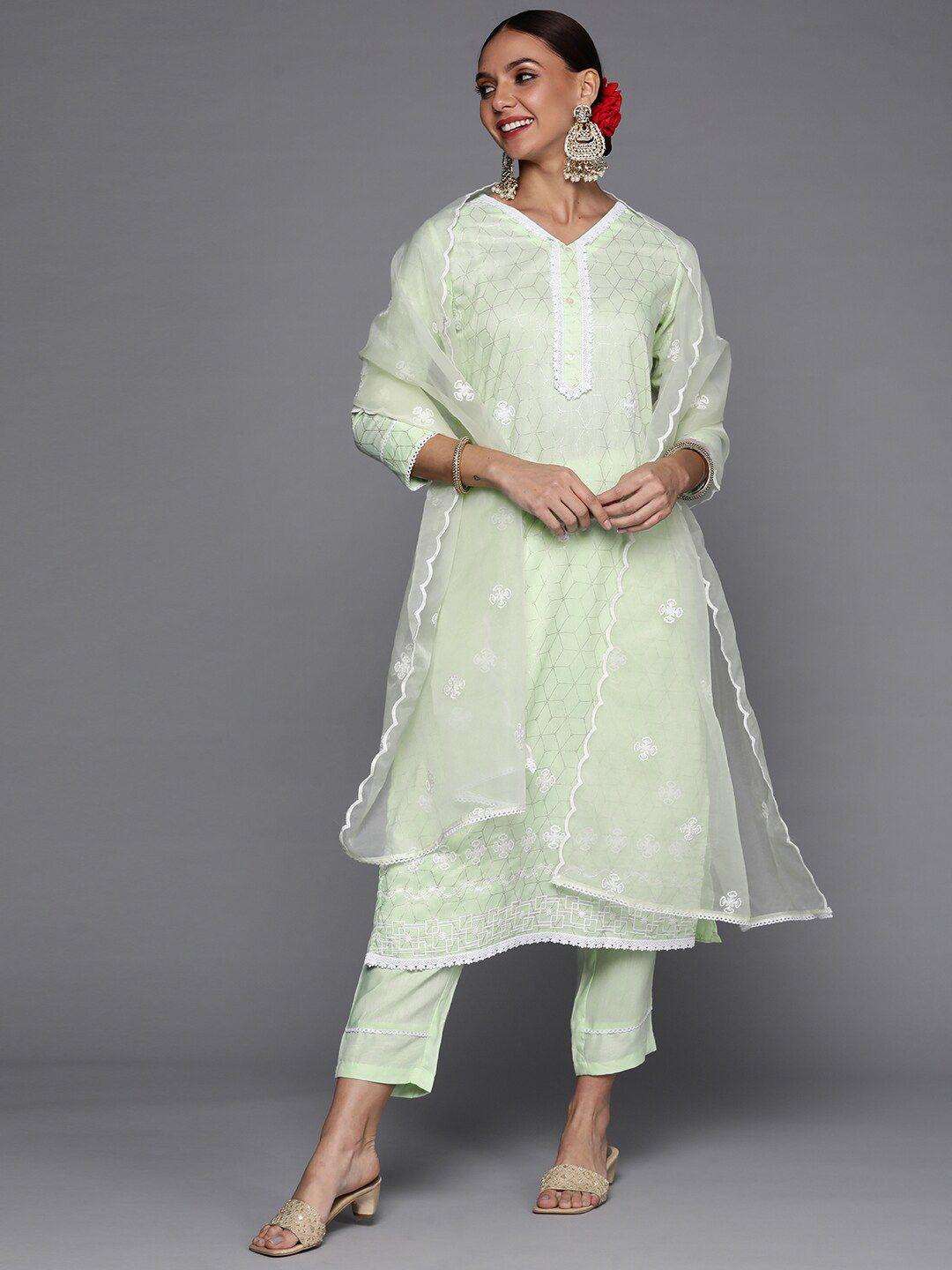indo era women ethnic motifs printed thread work kurta with trousers & dupatta
