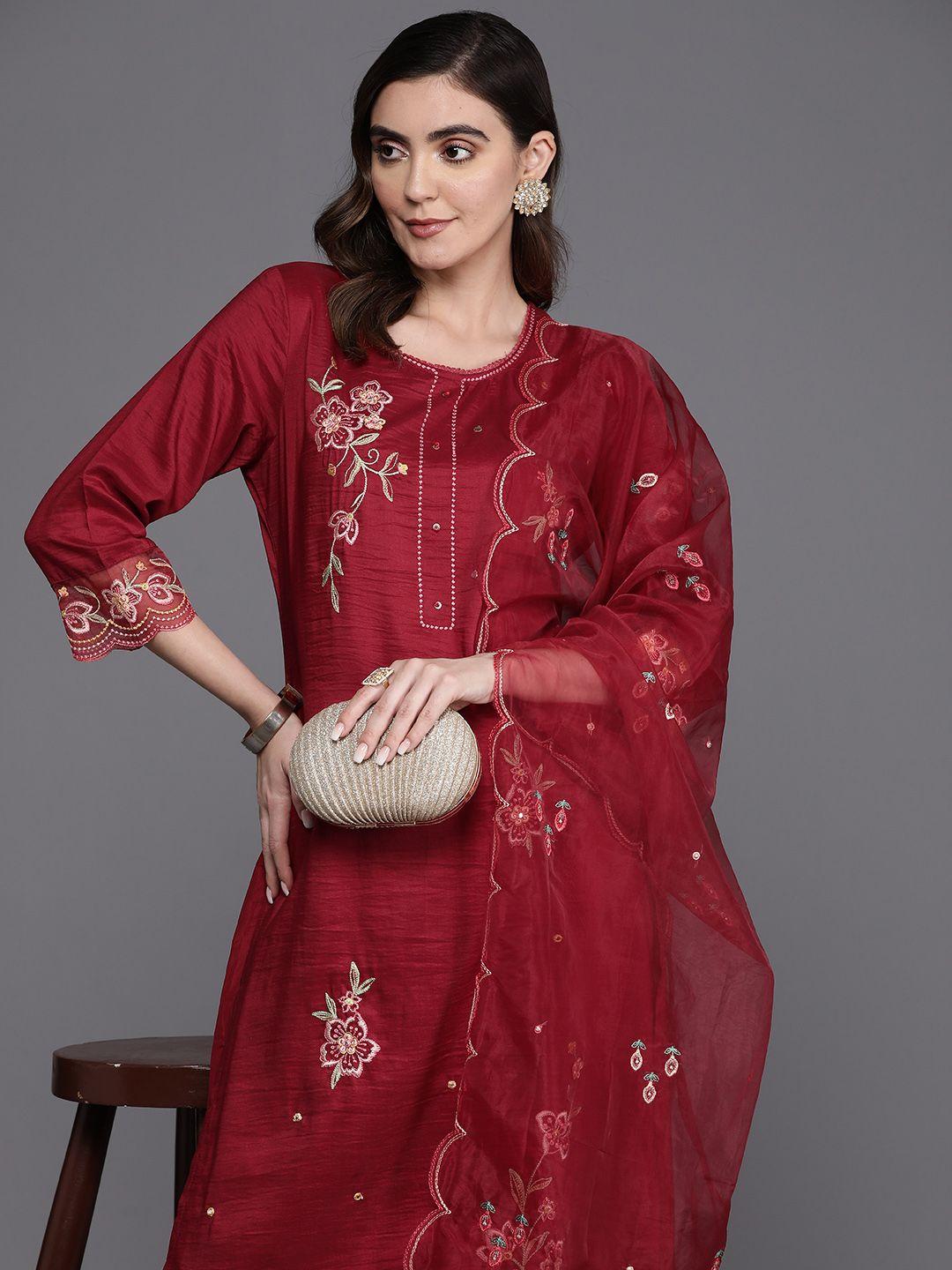 indo era women floral embroidered regular mirror work kurta with trousers & with dupatta