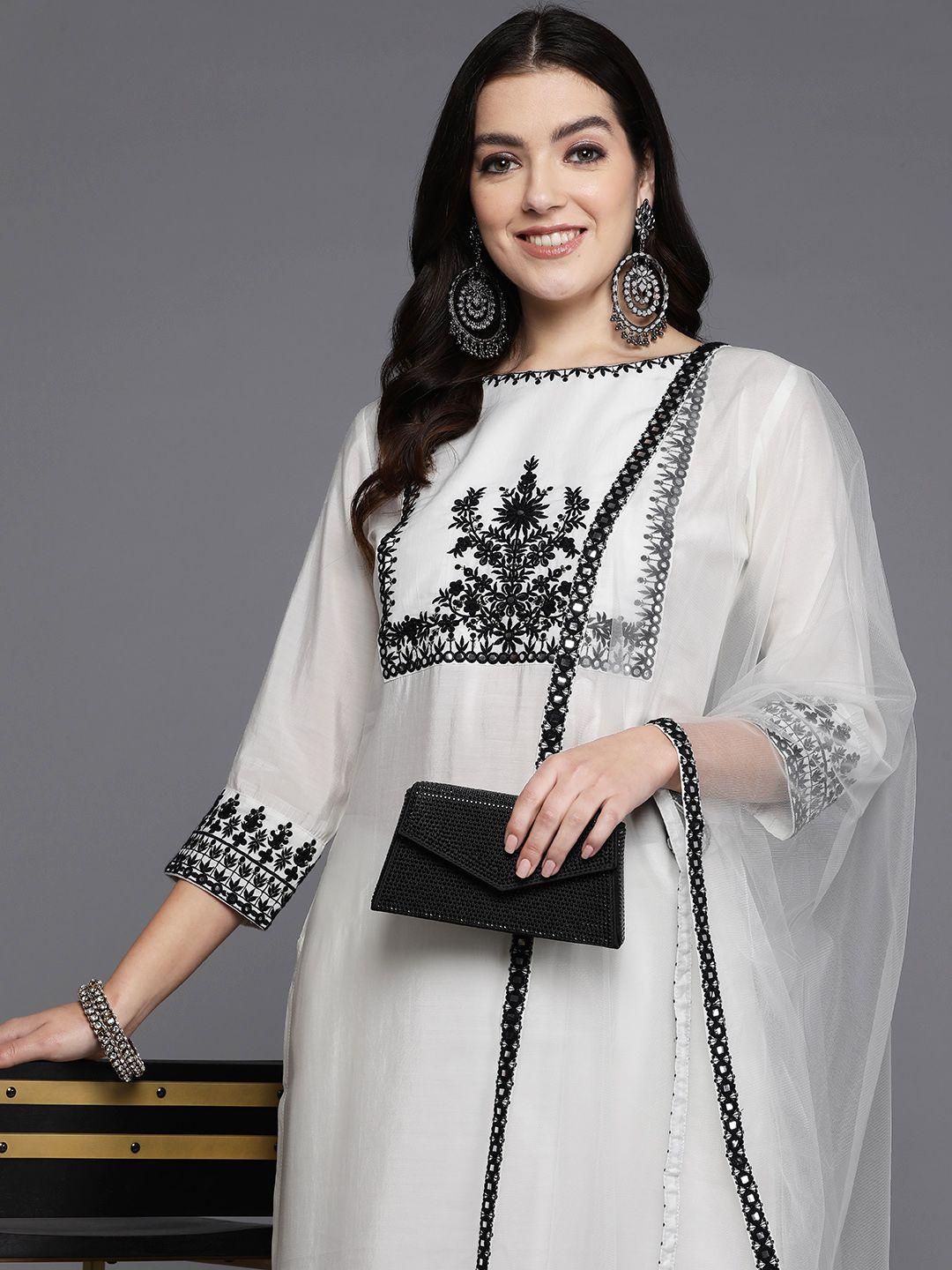 indo era women floral embroidered regular mirror work kurta with trousers & with dupatta