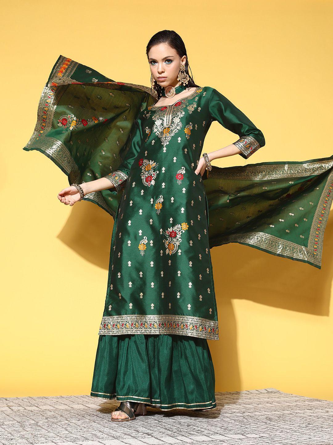 indo era women green & gold-toned ethnic woven design kurta with sharara & dupatta