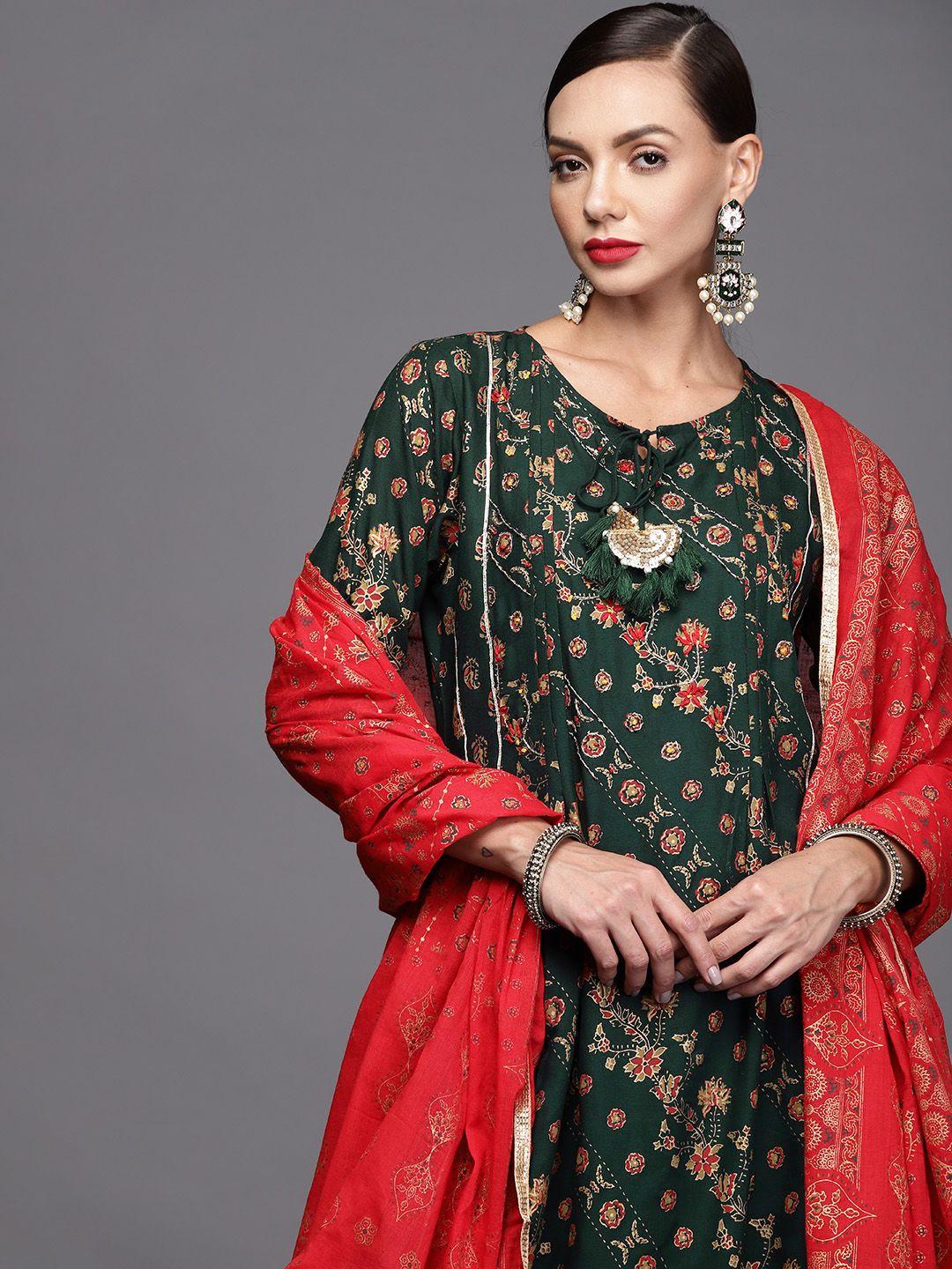 indo era women green & golden ethnic motifs printed kurta with trousers & with dupatta